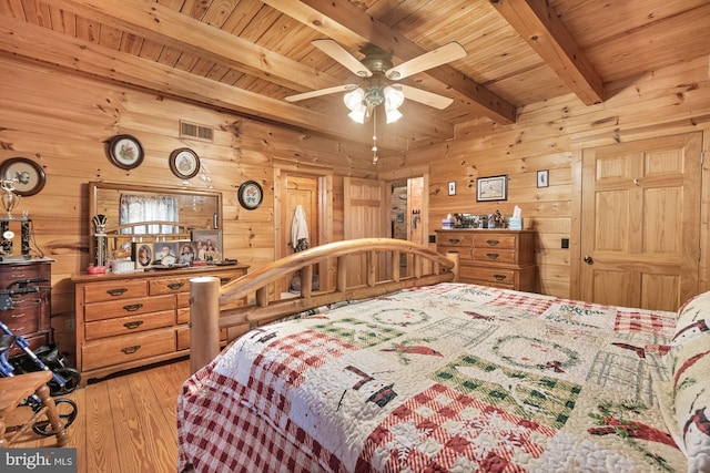 bedroom with beamed ceiling, ceiling fan, wood ceiling, and wooden walls