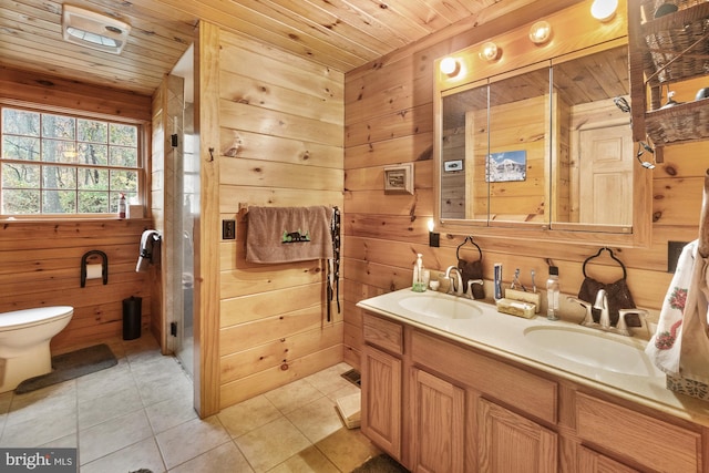 bathroom with vanity, tile patterned floors, wood ceiling, and wood walls