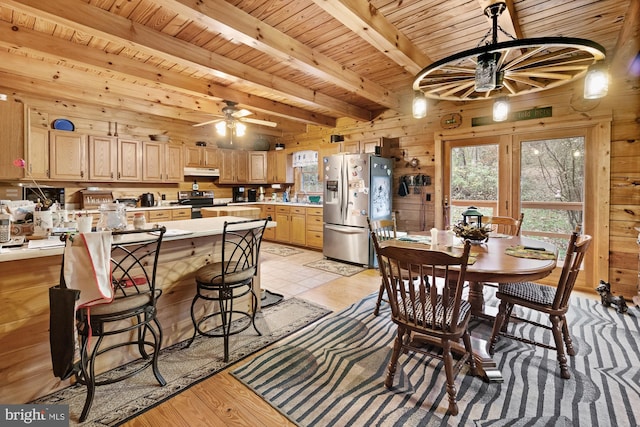 dining area with light wood-type flooring, ceiling fan, wooden walls, beam ceiling, and wooden ceiling