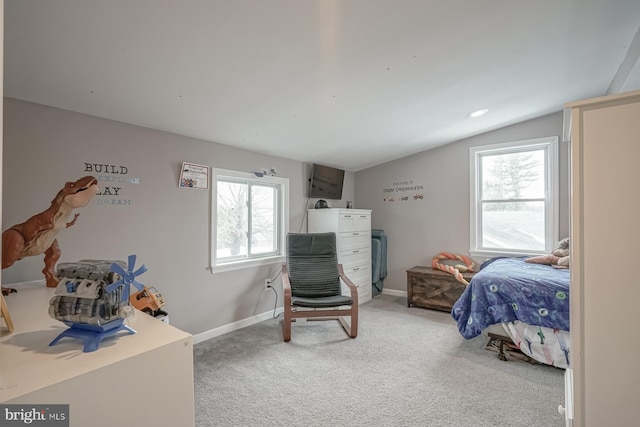 bedroom with carpet flooring, multiple windows, and vaulted ceiling