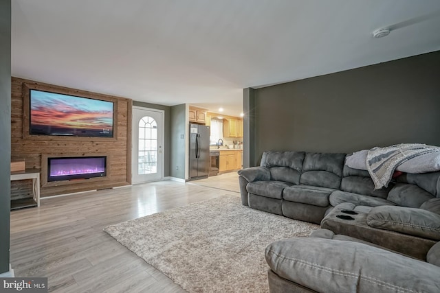 living room featuring light hardwood / wood-style flooring and sink