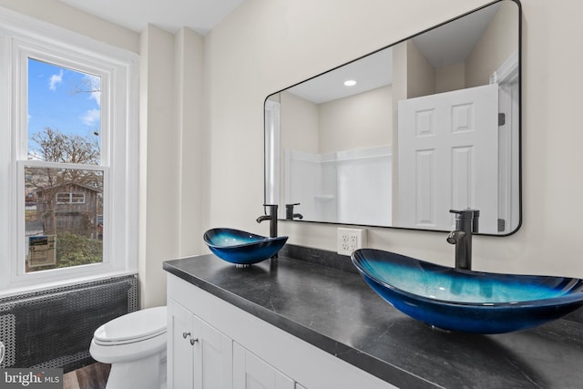 bathroom with vanity, toilet, wood-type flooring, and radiator