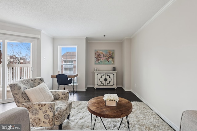 sitting room with a textured ceiling, dark hardwood / wood-style flooring, and ornamental molding