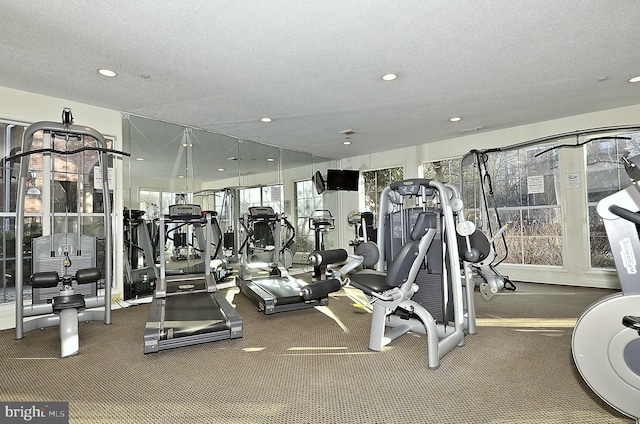 exercise room featuring a textured ceiling and a wealth of natural light