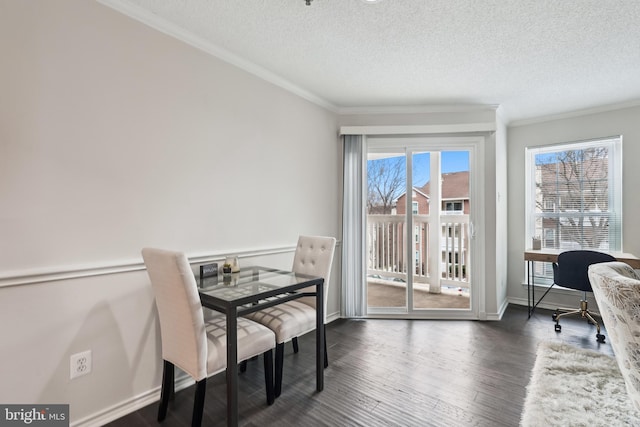 dining area featuring a wealth of natural light, crown molding, and a textured ceiling