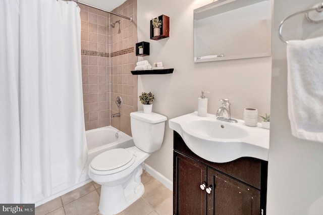 full bathroom with toilet, vanity, tile patterned floors, and shower / bathtub combination with curtain