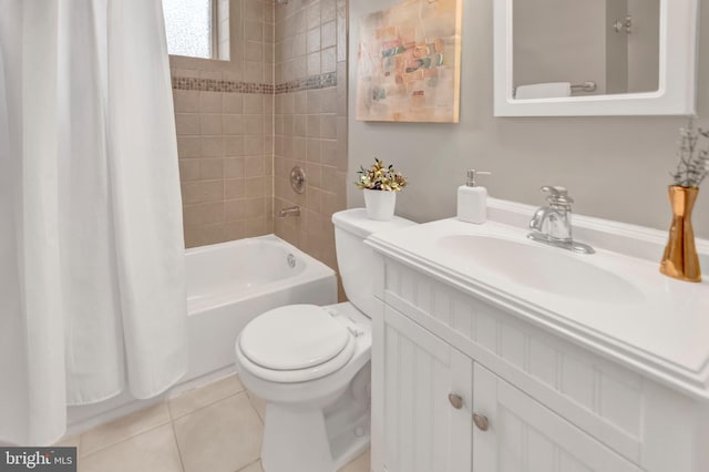 full bathroom with tile patterned floors, vanity, toilet, and shower / tub combo with curtain