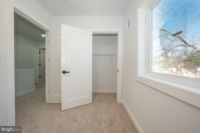 interior space featuring light carpet and a closet