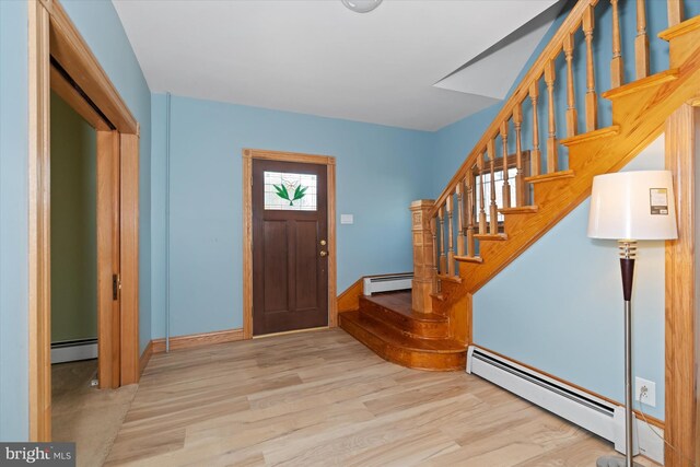 entrance foyer featuring baseboard heating and light wood-type flooring