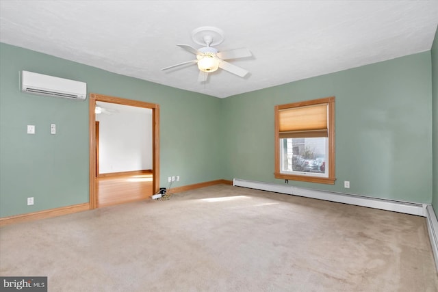 carpeted empty room featuring a wall mounted air conditioner, ceiling fan, and a baseboard radiator