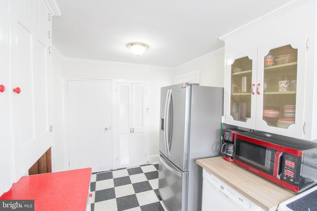 kitchen featuring stainless steel fridge with ice dispenser, white cabinetry, dishwasher, and crown molding