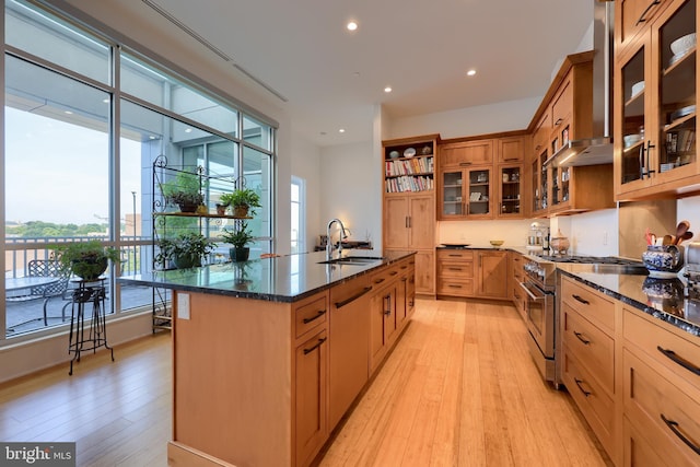 kitchen featuring a kitchen island with sink, dark stone counters, sink, stainless steel range, and light hardwood / wood-style floors