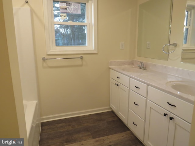 bathroom with hardwood / wood-style flooring and vanity