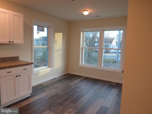 unfurnished dining area featuring dark wood-type flooring