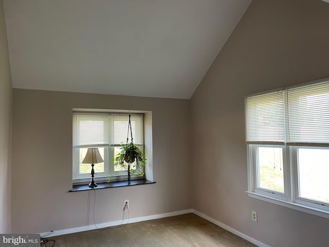 carpeted spare room with lofted ceiling