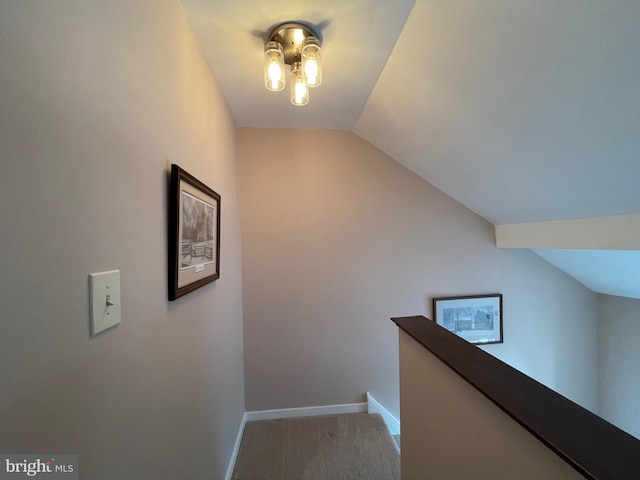 corridor featuring carpet floors and vaulted ceiling