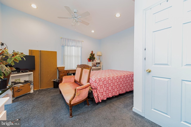 carpeted bedroom featuring ceiling fan and lofted ceiling