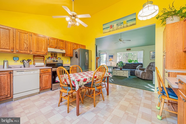 kitchen with ceiling fan, hanging light fixtures, stainless steel appliances, and vaulted ceiling