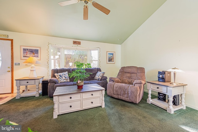 living room with ceiling fan, high vaulted ceiling, and dark colored carpet