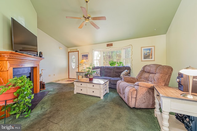 carpeted living room featuring ceiling fan and lofted ceiling