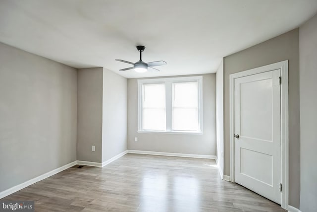 spare room with ceiling fan and light wood-type flooring