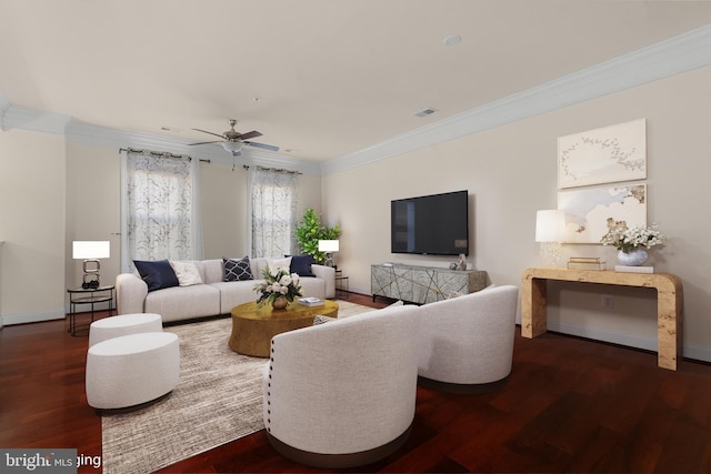 living room featuring crown molding, dark hardwood / wood-style flooring, and ceiling fan