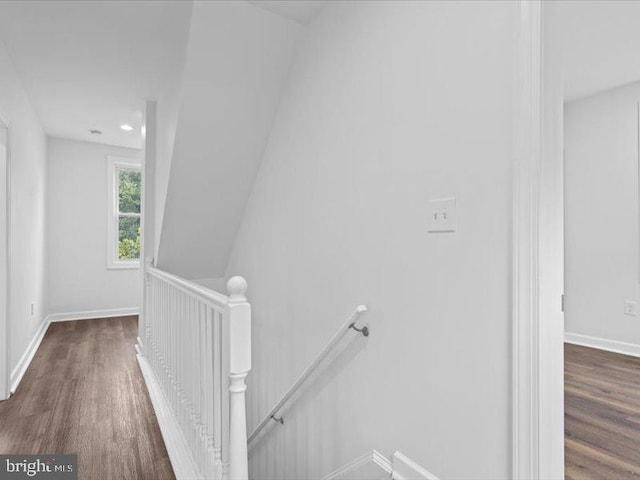 stairway with hardwood / wood-style floors