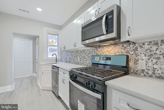 kitchen featuring light stone countertops, sink, decorative backsplash, white cabinets, and appliances with stainless steel finishes