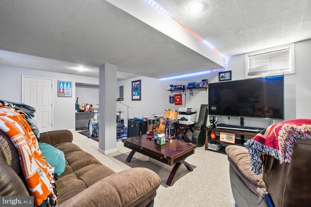 living room with carpet floors and a textured ceiling