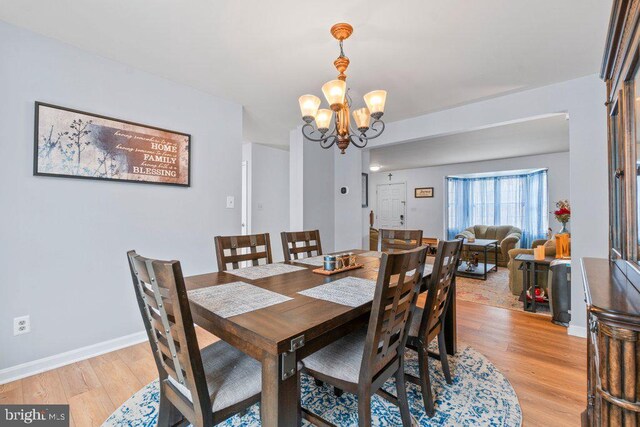 dining room featuring light wood-type flooring and a notable chandelier