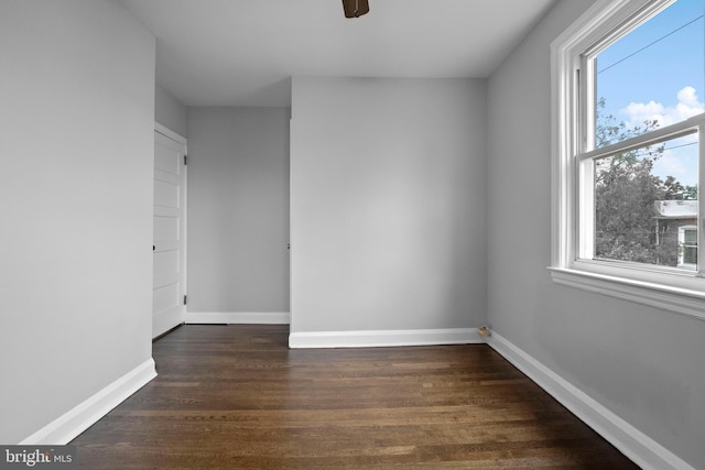 spare room with plenty of natural light, ceiling fan, and dark hardwood / wood-style flooring