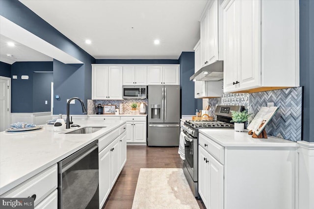 kitchen with appliances with stainless steel finishes, dark hardwood / wood-style flooring, white cabinetry, and sink