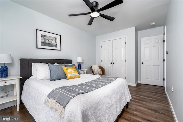 bedroom featuring ceiling fan, dark hardwood / wood-style flooring, and a closet