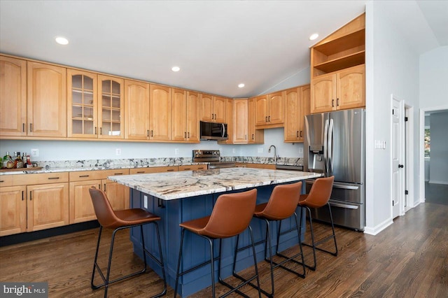 kitchen featuring a center island, stainless steel appliances, light stone counters, dark hardwood / wood-style floors, and a breakfast bar area