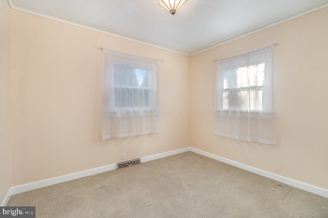 carpeted spare room featuring crown molding