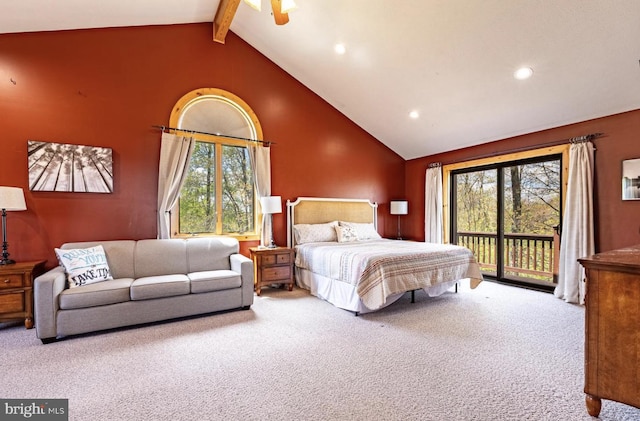 carpeted bedroom with access to exterior, high vaulted ceiling, ceiling fan, and beamed ceiling