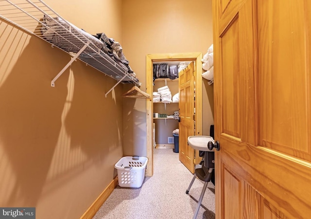 walk in closet with light carpet