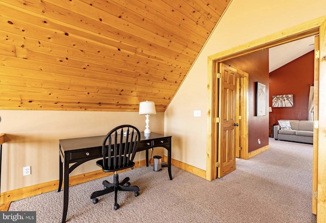 carpeted office space with lofted ceiling and wooden ceiling