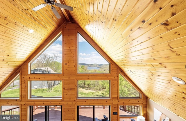 interior details with beamed ceiling, wood walls, and wood ceiling