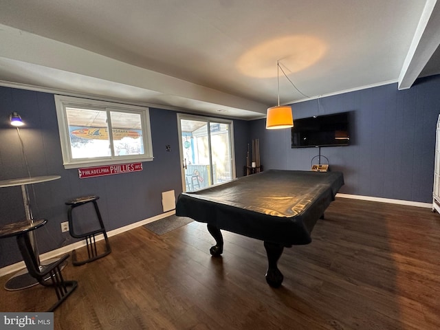 recreation room with dark hardwood / wood-style flooring and pool table