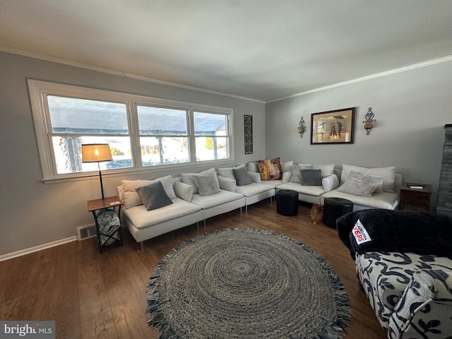 living room featuring dark wood-type flooring and crown molding