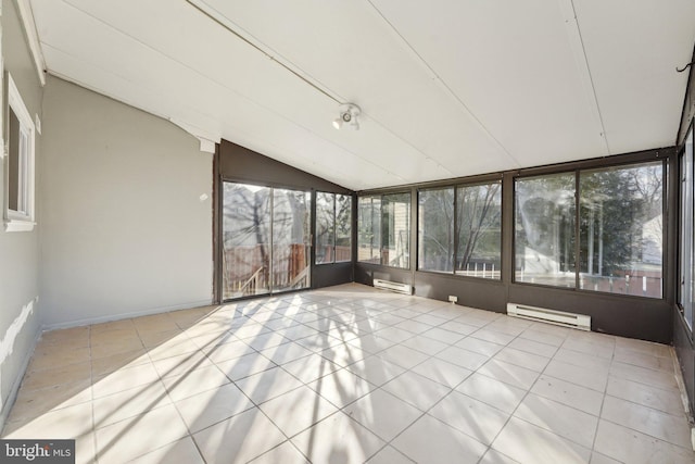 unfurnished sunroom featuring lofted ceiling and a baseboard heating unit