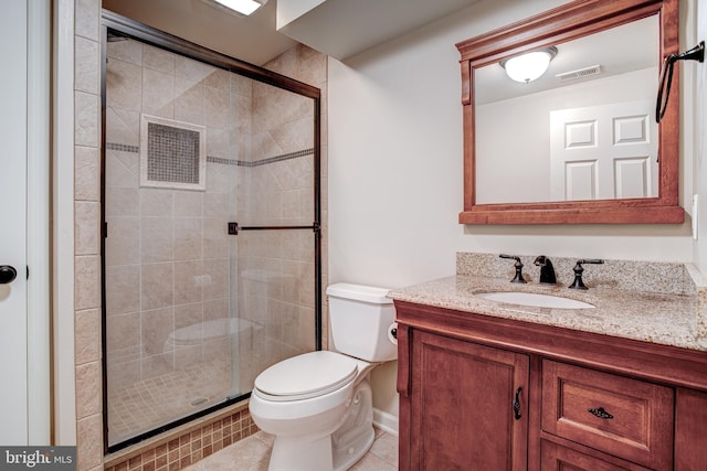 full bathroom with a stall shower, visible vents, vanity, and toilet