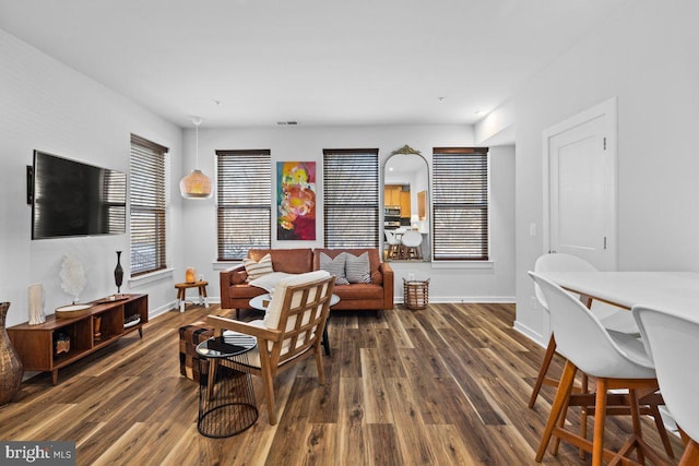 living room with dark hardwood / wood-style flooring