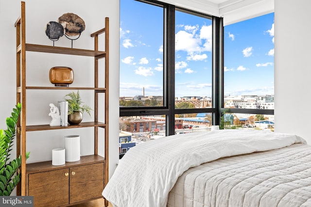 bedroom featuring a wall of windows