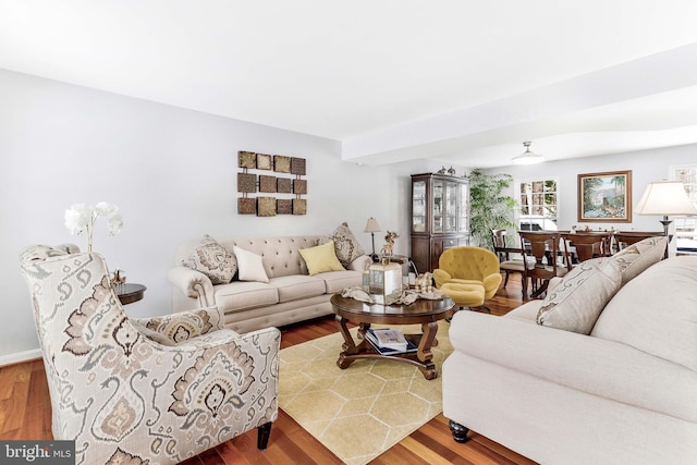 living room featuring ceiling fan and wood-type flooring