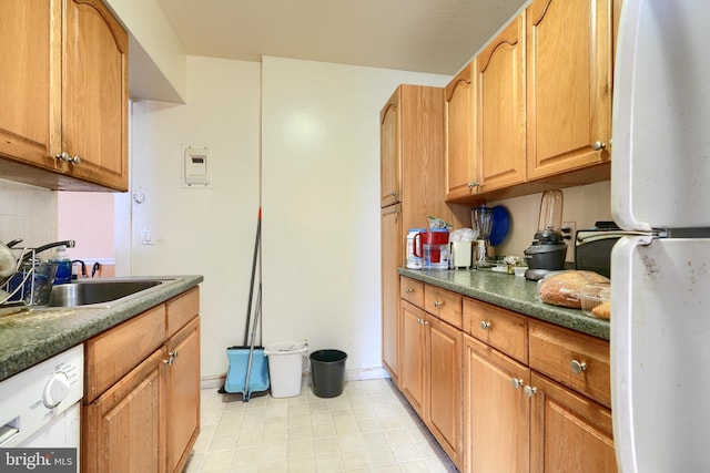 kitchen with backsplash, white appliances, and sink