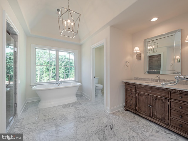 full bathroom featuring vanity, toilet, and independent shower and bath