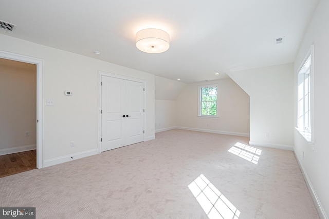 additional living space with lofted ceiling and light carpet