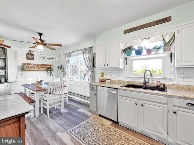 kitchen with decorative backsplash, ceiling fan, sink, dishwasher, and white cabinetry